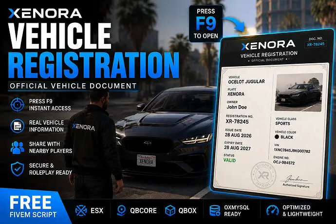 Preview of [FREE]  Xenora Vehicle Registration - Vehicle Documents[ESX/QBCore/Qbox]