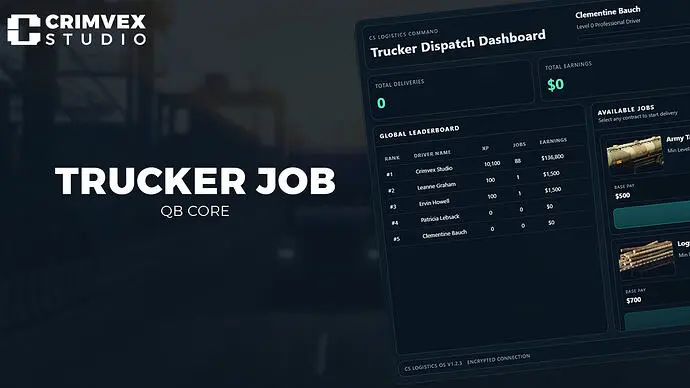 Preview of [FREE] Crimvex Trucker Job | Advanced Qbox & QBCore Trucking System | XP, Contracts & Leaderboard