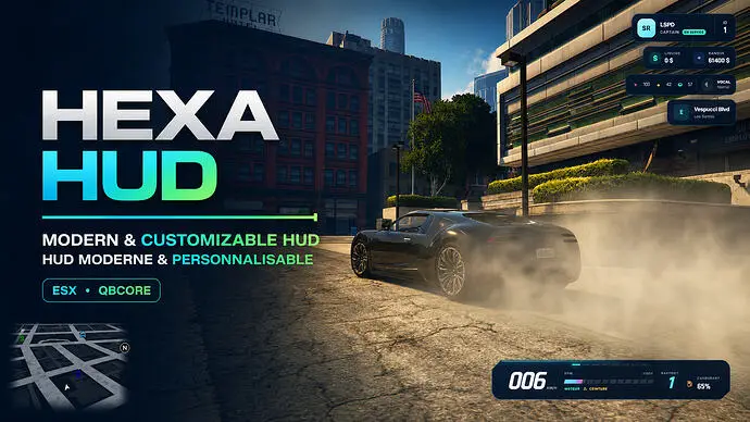 Preview of [FREE] [ESX/QBCore] Hexa HUD – Customizable Modern HUD